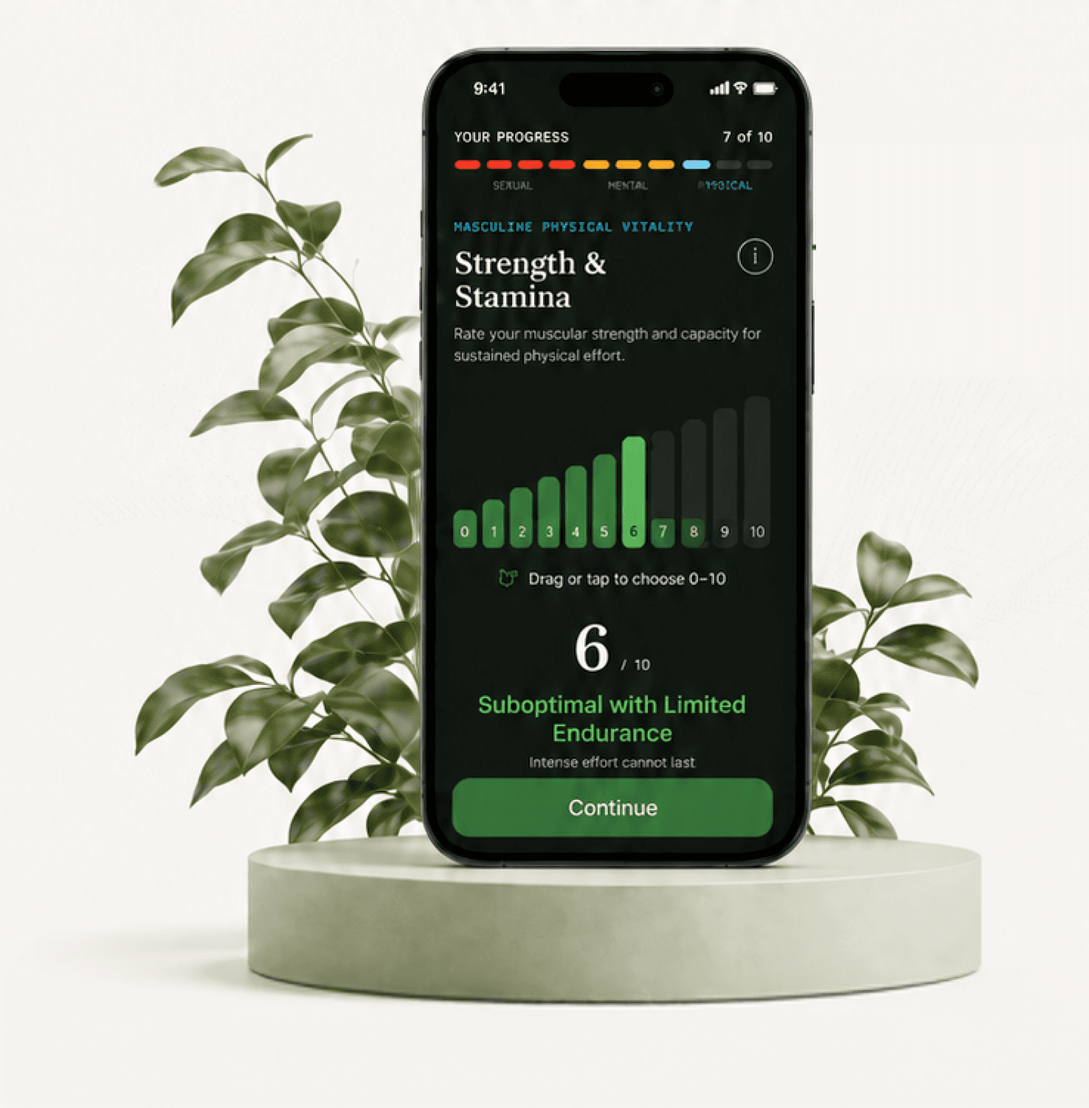 The T-SHOTS app open on a Vigor self-assessment screen, on a plant-flanked podium